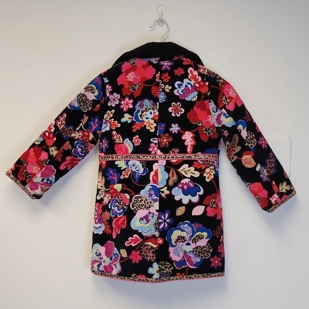 Children' Place Black Multicolored Floral Velvet Peacoat Leopard Details S 5/6